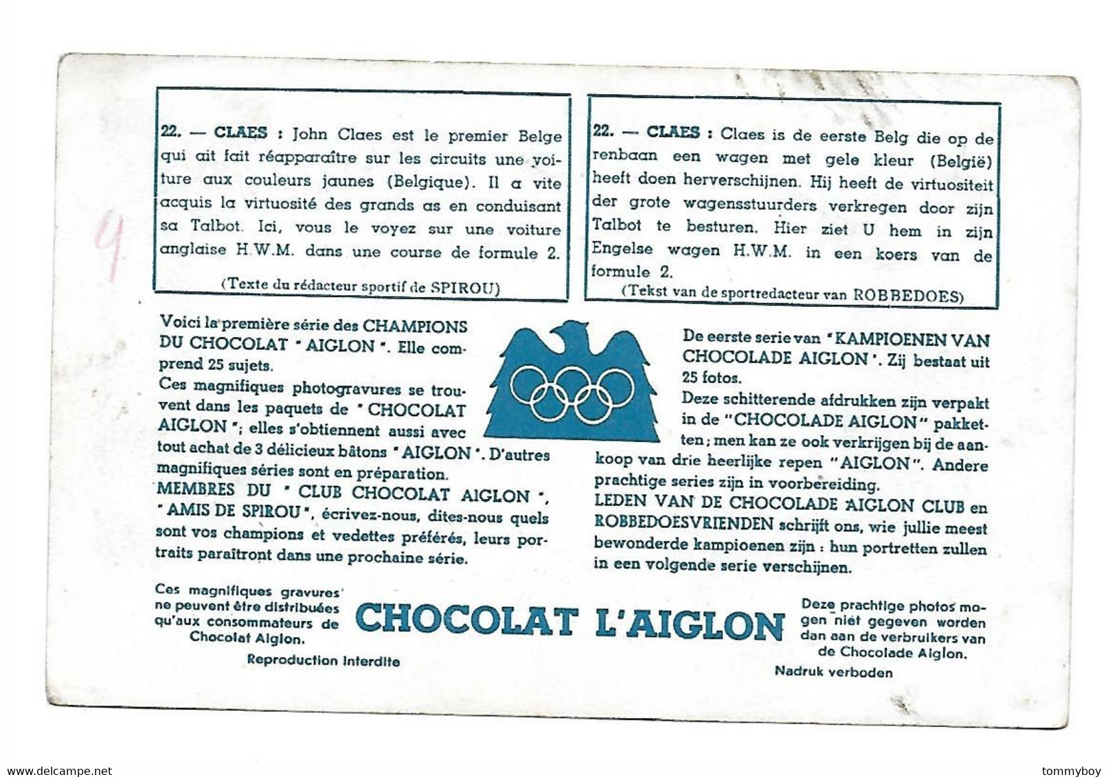 Chromo (22) Le Coureur Automobile : Claes - Chocolat L' Aiglon - Aiglon