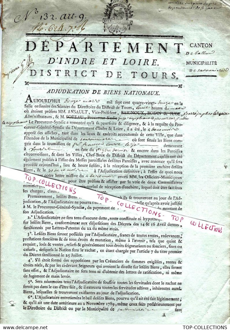 1792 Adjudication De Biens Nationaux 8 Pages Savonnières Tours Indre Et Loire Cachet Généralité - Historische Documenten