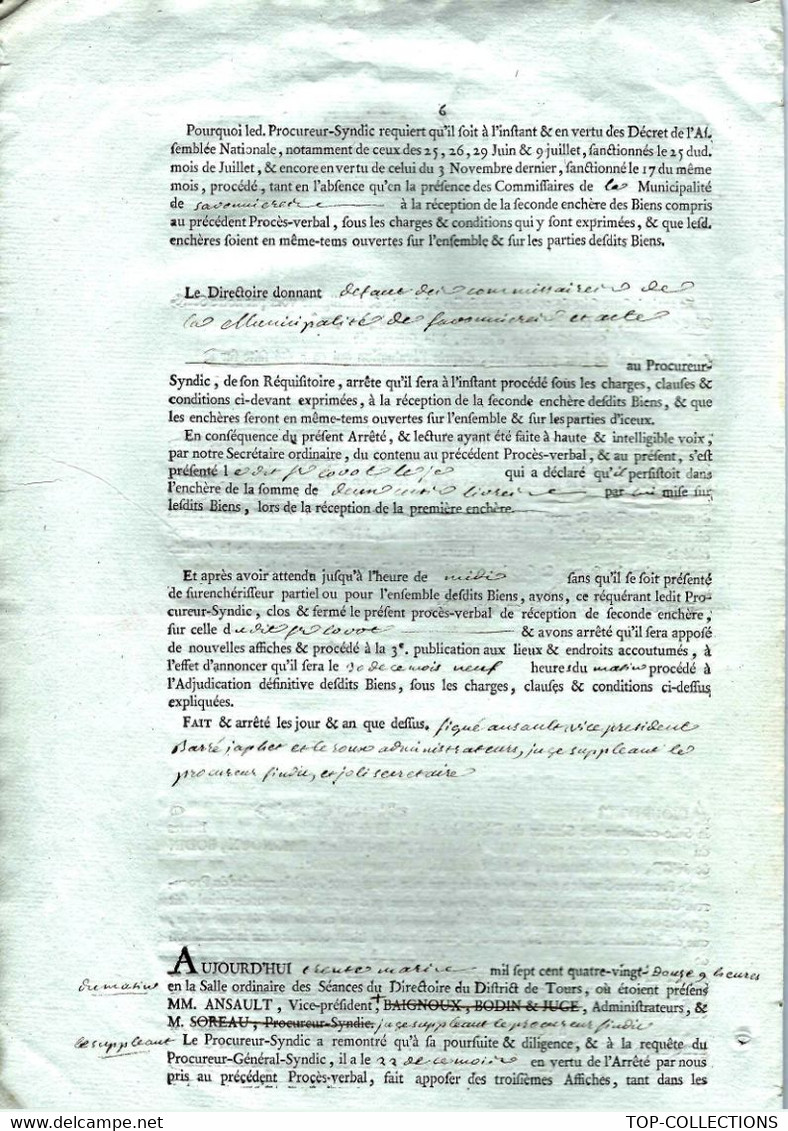 1792 adjudication de biens nationaux 8 pages Savonnières Tours Indre et Loire cachet Généralité