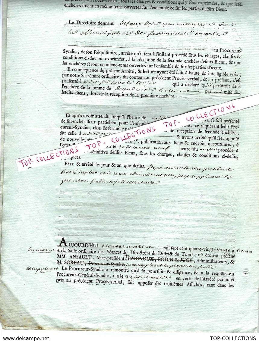 1792 adjudication de biens nationaux 8 pages Savonnières Tours Indre et Loire cachet Généralité