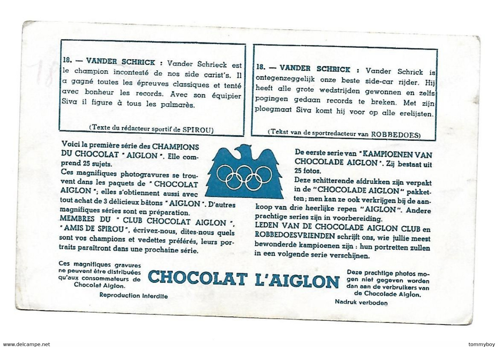 Chromo ( 18 )  Side Carist : Vander Schrick -  Chocolat L' Aiglon - Aiglon