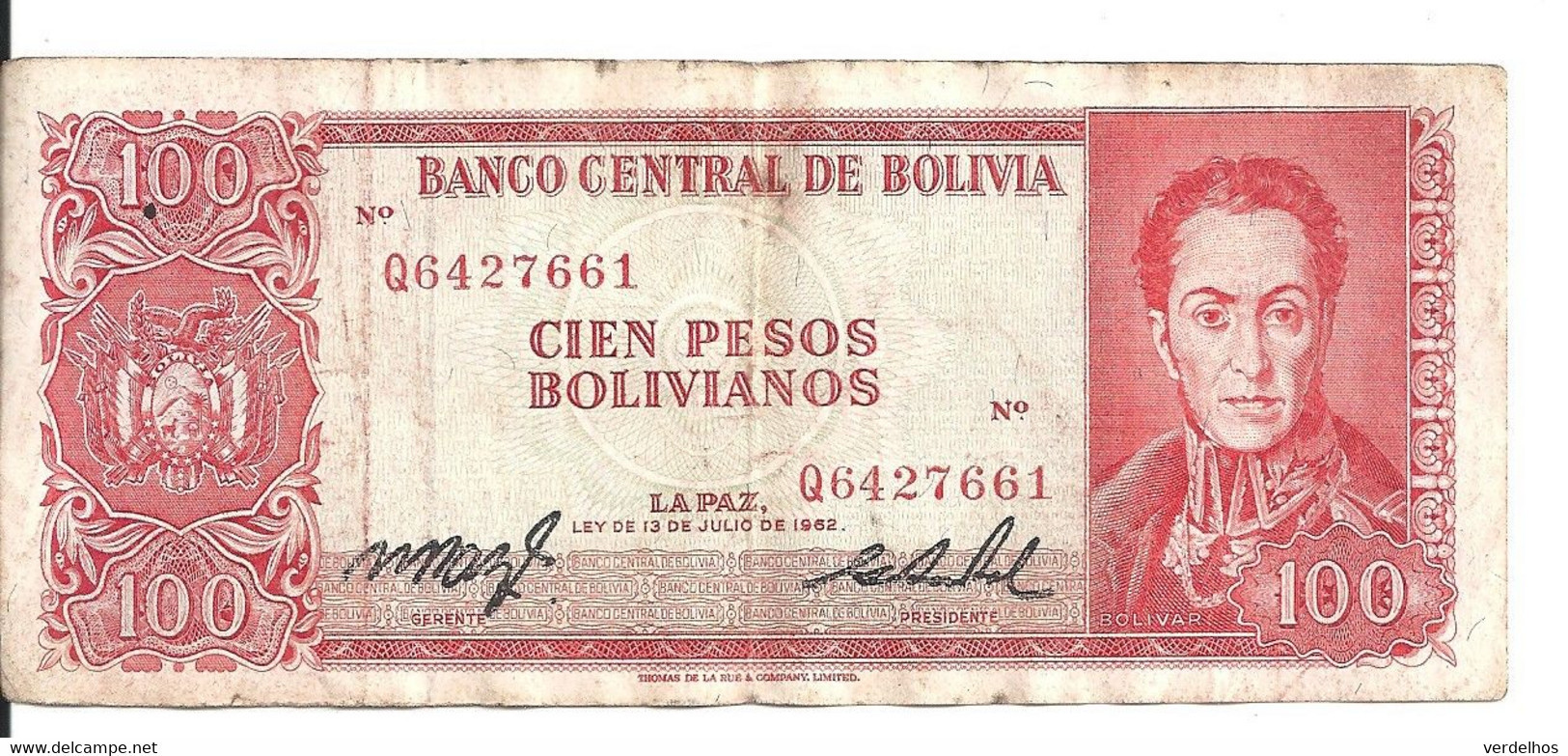 BOLIVIE 100 PESOS L.1962 VF P 163 - Bolivie