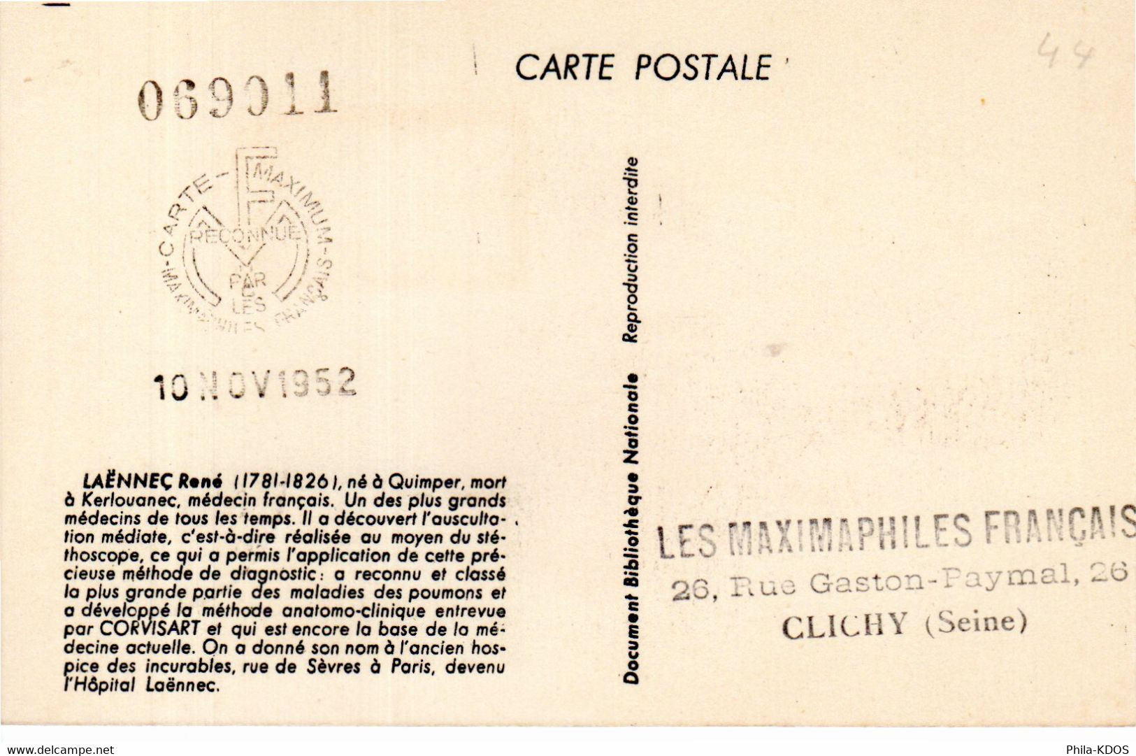 TAMPONNEE MF " RENE LAENNEC / SALON PHILATELIQUE." Sur Carte Maximum De 1952 N° YT 936. Parfait état CM - 1950-1959