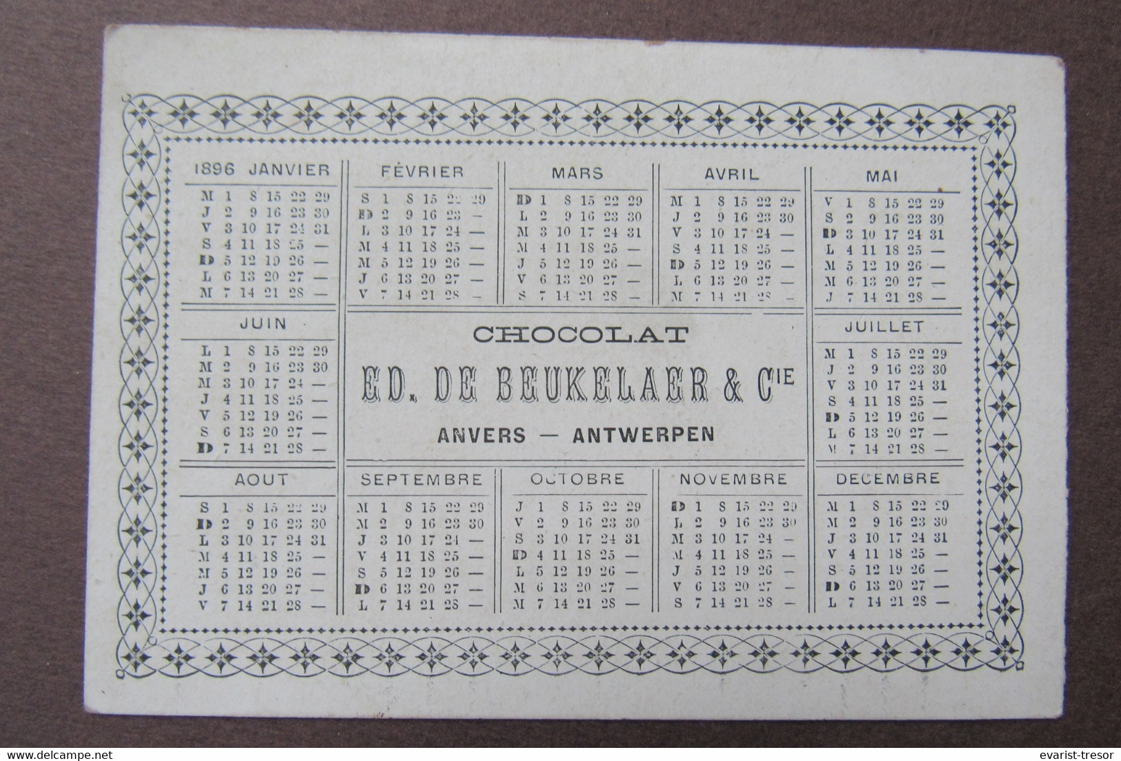 Kalender Zakkalender Calendrier De Poche 1896 Chocolat De Beukelaer Anvers Antwerpen - Small : ...-1900