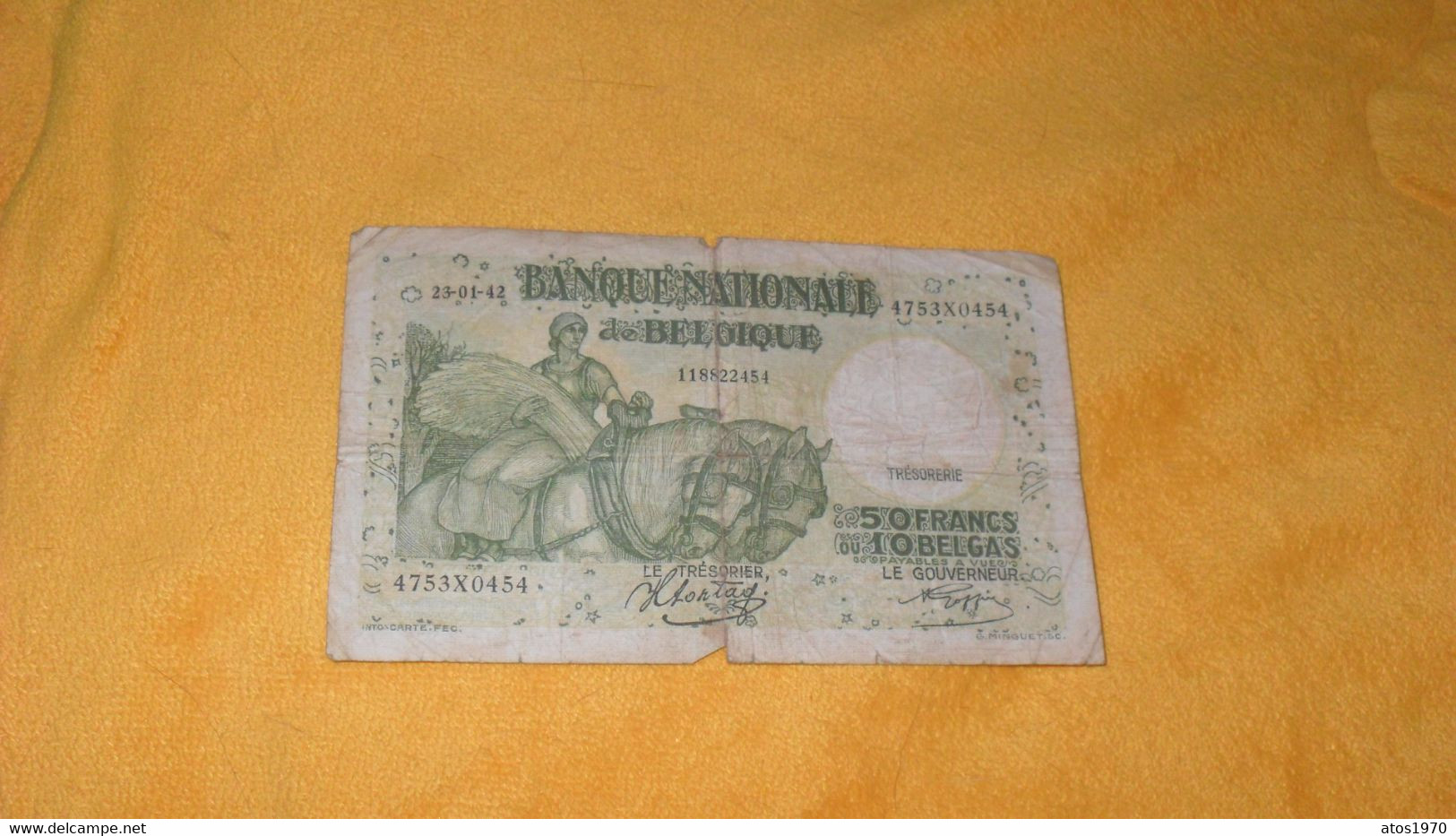 BILLET ANCIEN DE 1942../ BELGIQUE 50 FRANCS OU 10 BELGAS N° 4753X0454..23-01-42 - 50 Franchi-10 Belgas