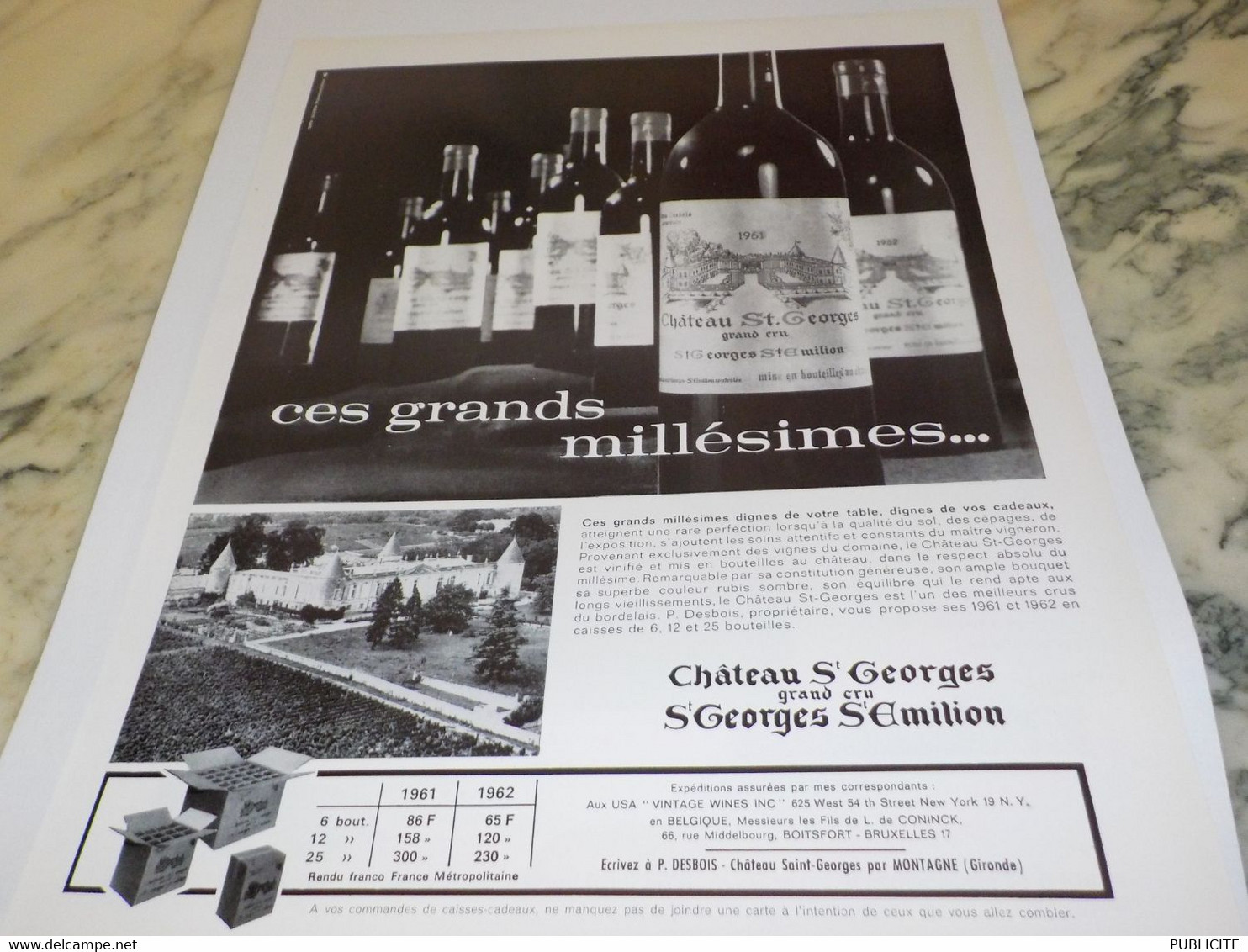 ANCIENNE PUBLICITE VIN CHATEAU ST GEORGE ST EMILION  1965 - Alcools