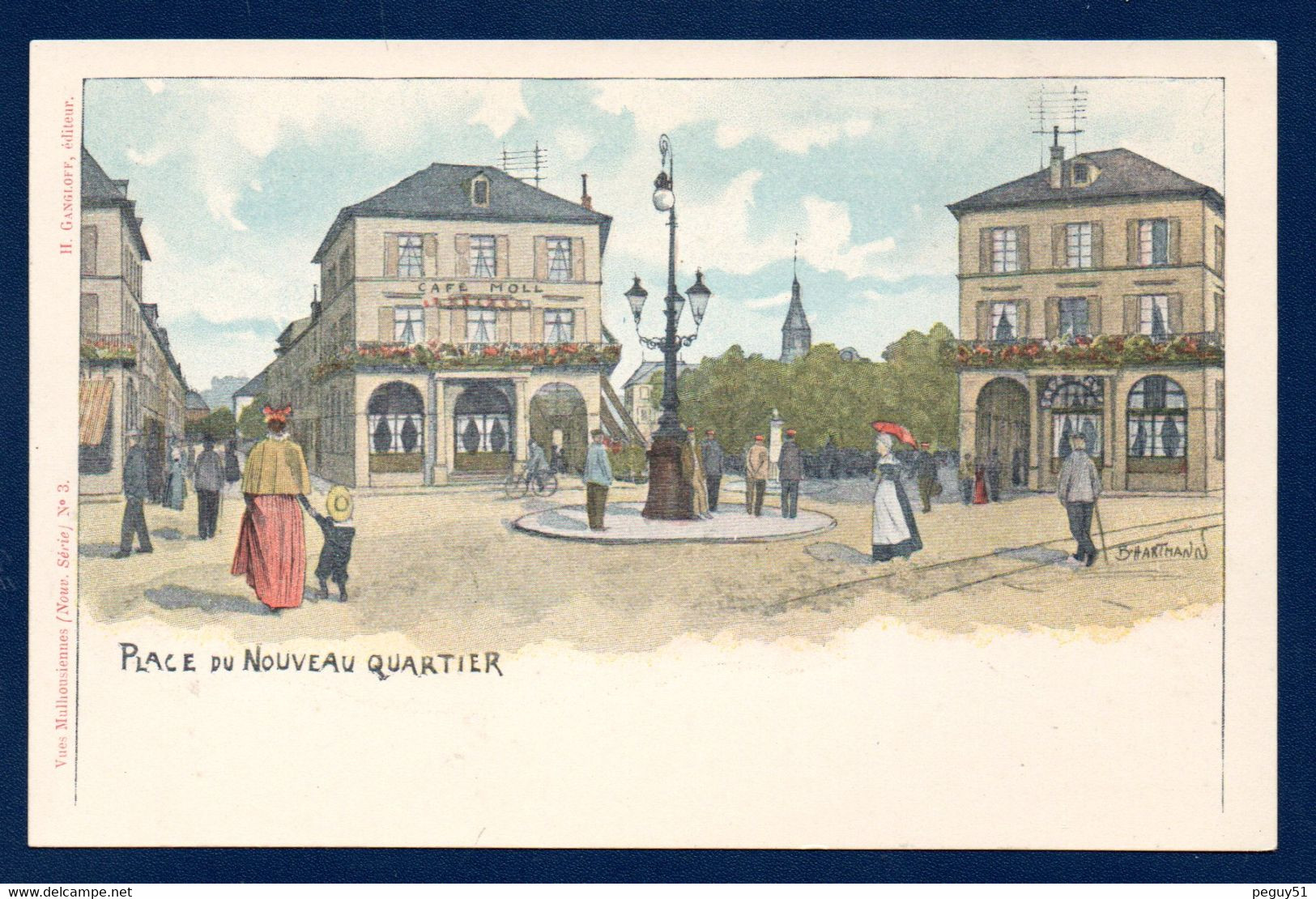 68. Mulhouse. Place Du Nouveau Quartier.  Café Moll, Café Rey, Passants. Illustration Benoît Hartmann - Mulhouse