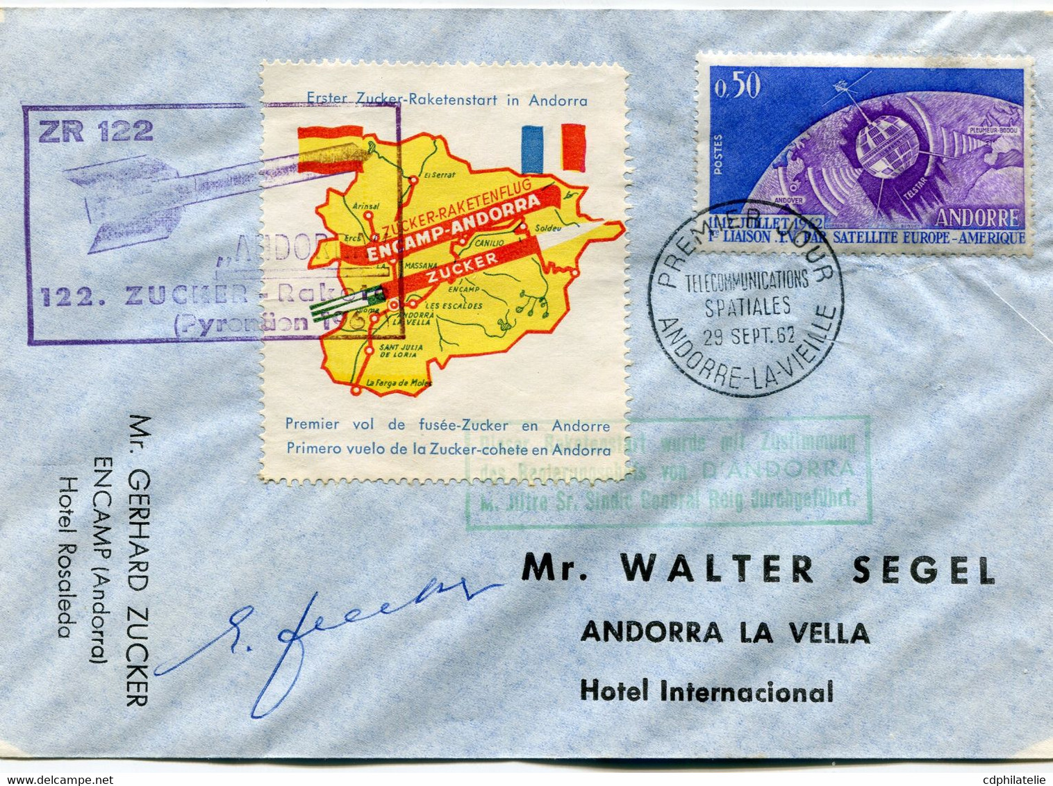 ANDORRE FRANCAIS ENVELOPPE AVEC VIGNETTE TRILINGUE " PREMIER VOL DE FUSEE-ZUCKER EN ANDORRE " + CACHET "ZR 122 ZUCKER.." - Storia Postale