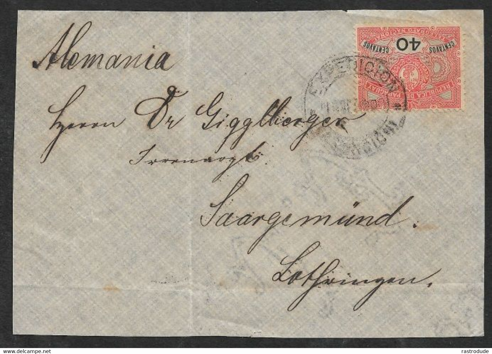 1892-1901 40C TELEGRAPH STAMP Yv. 4 USED AS POSTAGE STAMP ON COVER FRONT TO SAARGEMÜND, GERMANY - VERY RARE - Paraguay