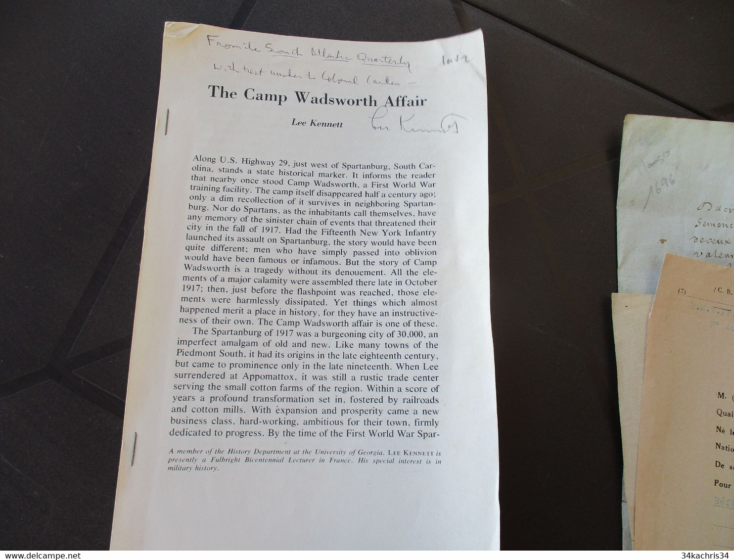 Tiré à Part Avec Envoi Autographe Lee Kennett The Camp Wadsworth Affair Militaria - Other & Unclassified