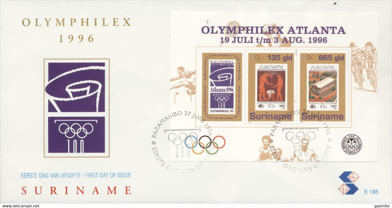 Suriname 1996, Olymphilex, Greek Archeology, Cycling, Badminton, Basketball, FDC - Bádminton