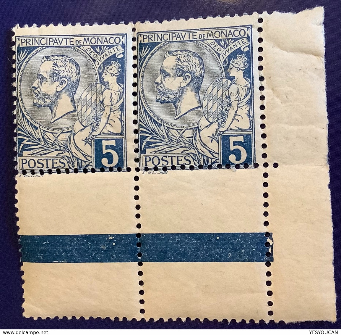 1891 Yv.13 Neuf ** MNH Paire TB: Albert 1er 5c Bleu Neuf Sans Charniére Gomme D‘ Origine. (Monaco VF Postfrisch - Ongebruikt