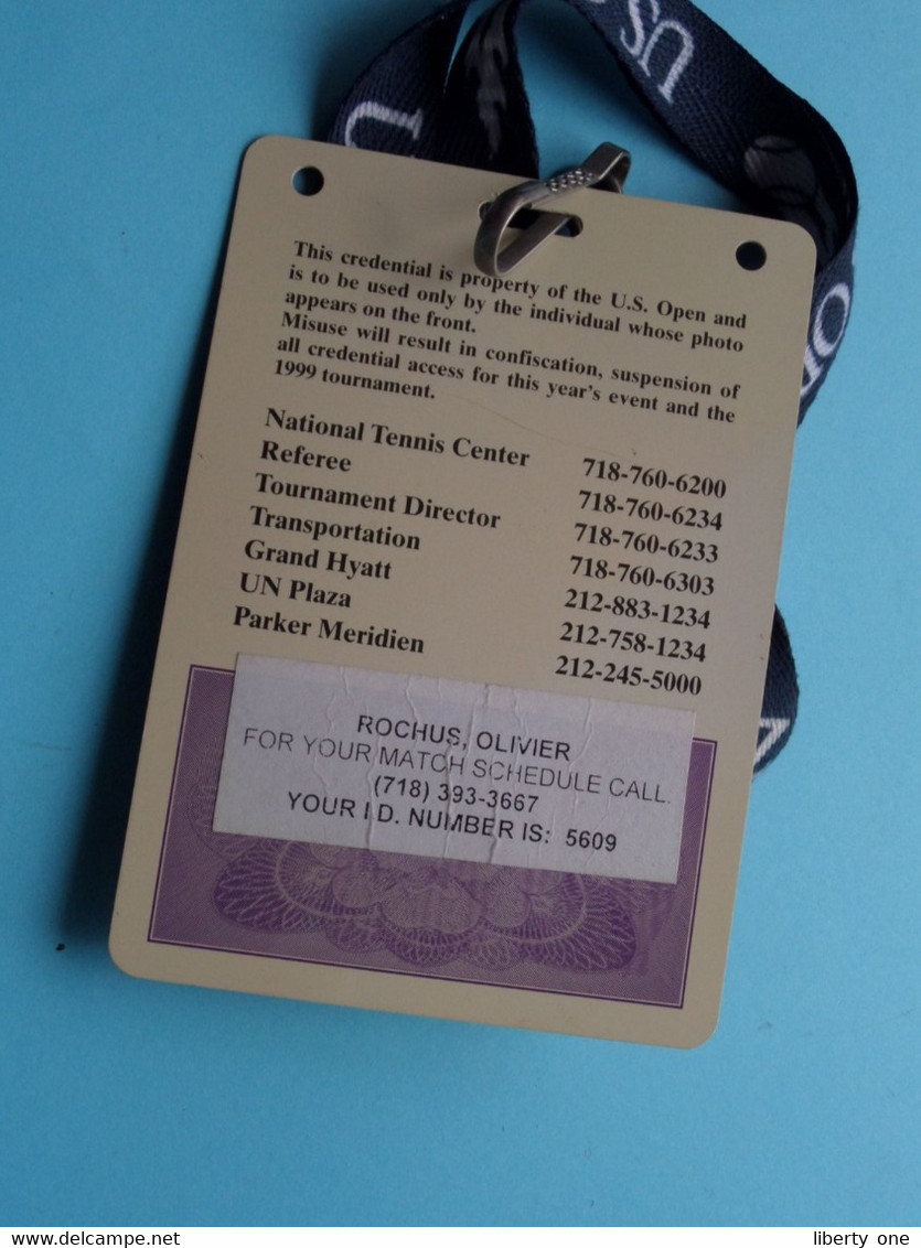 US OPEN 1998 - Player OLIVIER ROCHUS Belgium / Accreditation CARD ( See Scan ) With ORIGINAL Lanyard / Cordon ! - Altri & Non Classificati