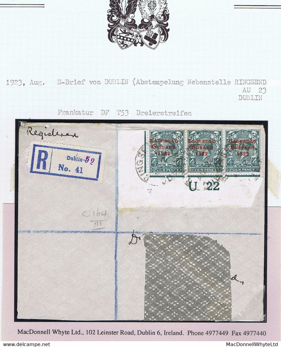 Ireland 1922-23 Thom Saorstat 4d Control U22 Imperf Corner Strip Of 3 Plate 3 Used On Cover RINGSEND DUBLIN AU 23 - Lettres & Documents