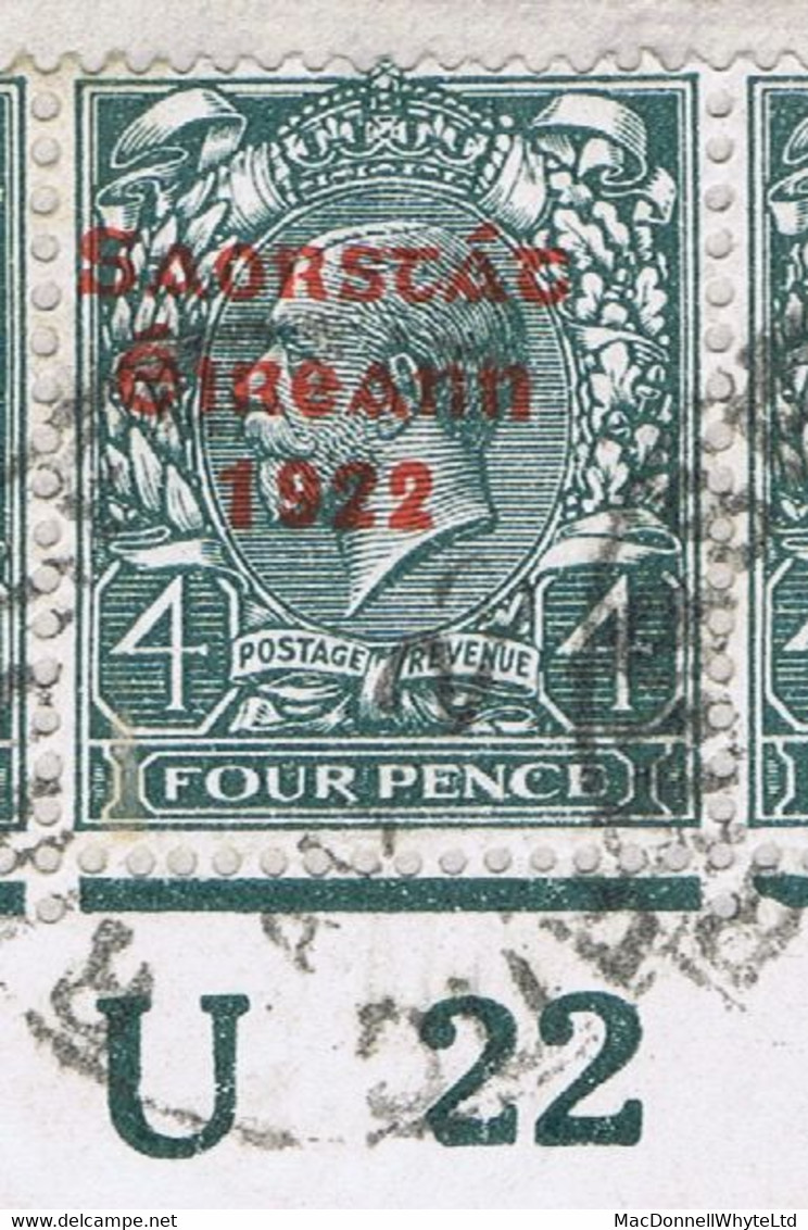 Ireland 1922-23 Thom Saorstat 4d Control U22 Imperf Corner Strip Of 3 Plate 3 Used On Cover RINGSEND DUBLIN AU 23 - Covers & Documents