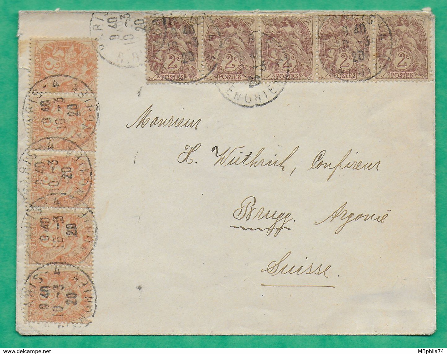 N°108 X5 + 109  X5 BLANC TARIF 25C PARIS RUE D'ENGHIEN POUR BRUGG ARGOVIE SUISSE 1920 LETTRE COVER FRANCE - 1877-1920: Période Semi Moderne