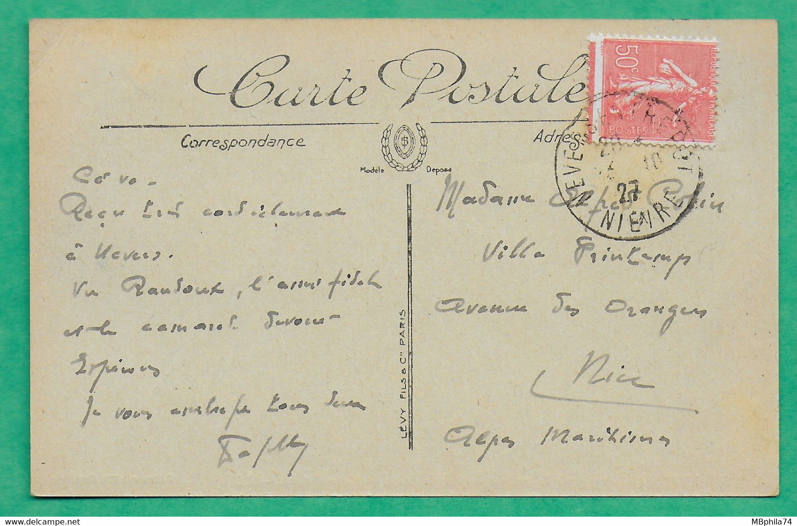 N°199 SEMEUSE BELLE VARIETE PIQUAGE A CHEVAL CARTE POSTALE NEVERS NIEVRE POUR NICE ALPES MARITIMES 1927 COVER FRANCE - Lettres & Documents