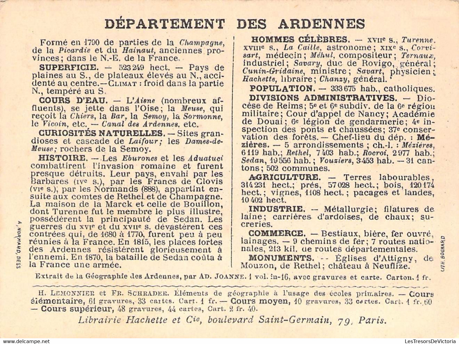 08 - DEPARTEMENT DES ARDENNES - LIBRAIRIE HACHETTE LITHOGRAPHIE BOGMARD - 11x8.5cm - Sonstige & Ohne Zuordnung