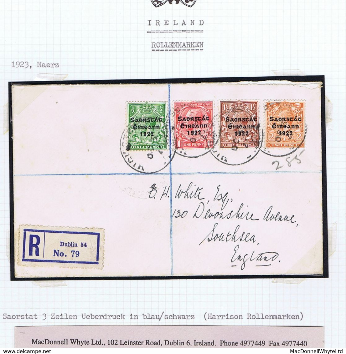 Ireland 1923 Harrison Saorstat 3-line Coils, Set Of 4 Paying 5d Registered Letter Rate Used On 1923 Cover HIGH ST DUBLIN - Brieven En Documenten