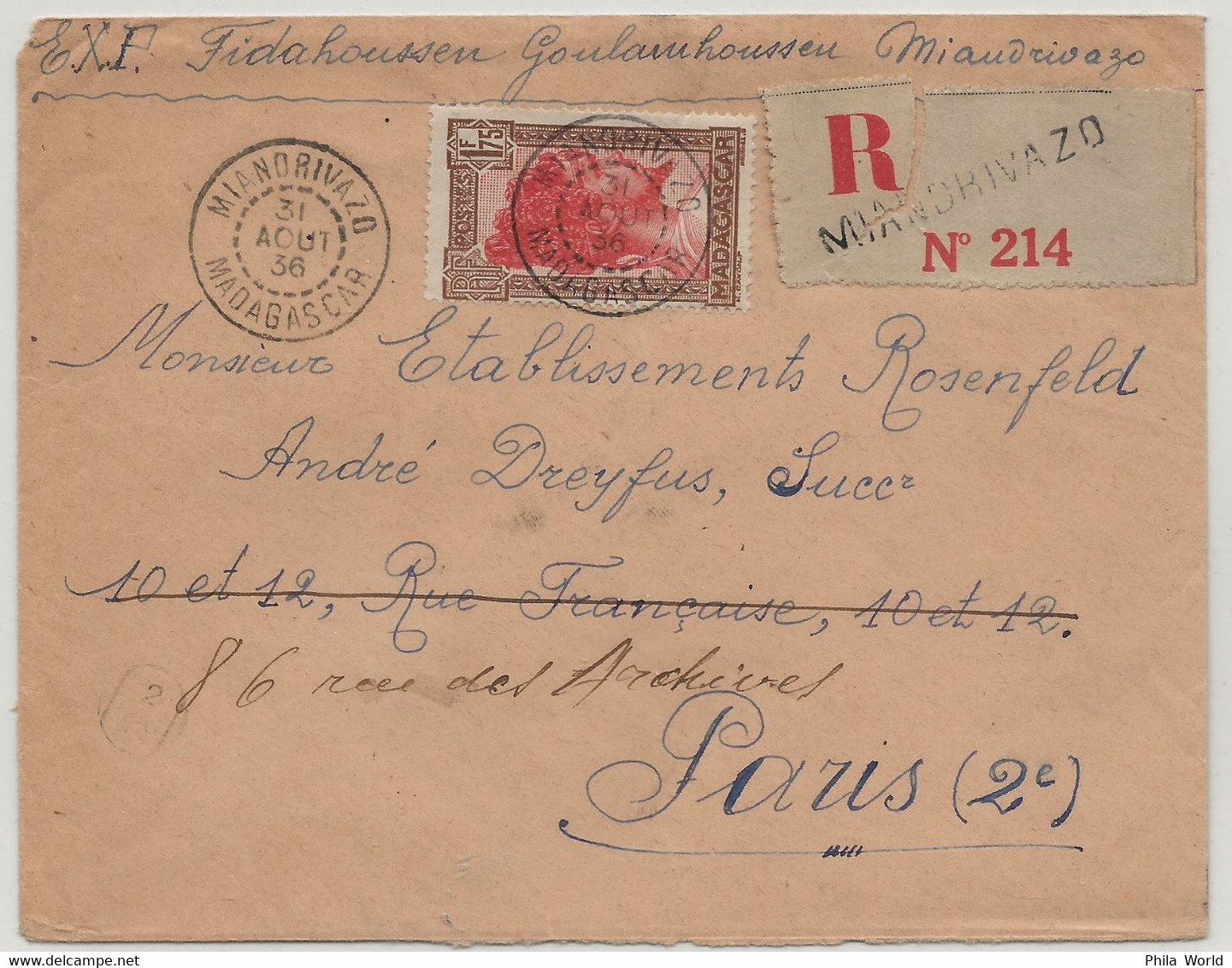 MADAGASCAR 1936 Lettre Recommandée MIANORIVAZO Transit TANANARIVE Pour Paris FRANCE - Storia Postale