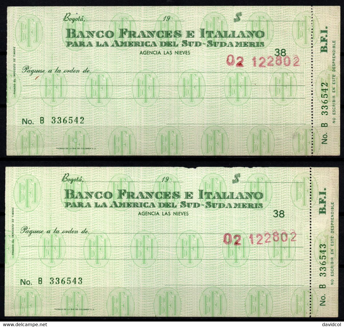 CH01 - COLOMBIA - 1980'S- MINT PAIR CHECKS -"BANCO FRANCES E ITALIANO" - " FRENCH AND ITALIAN BANK". - Cheques En Traveller's Cheques