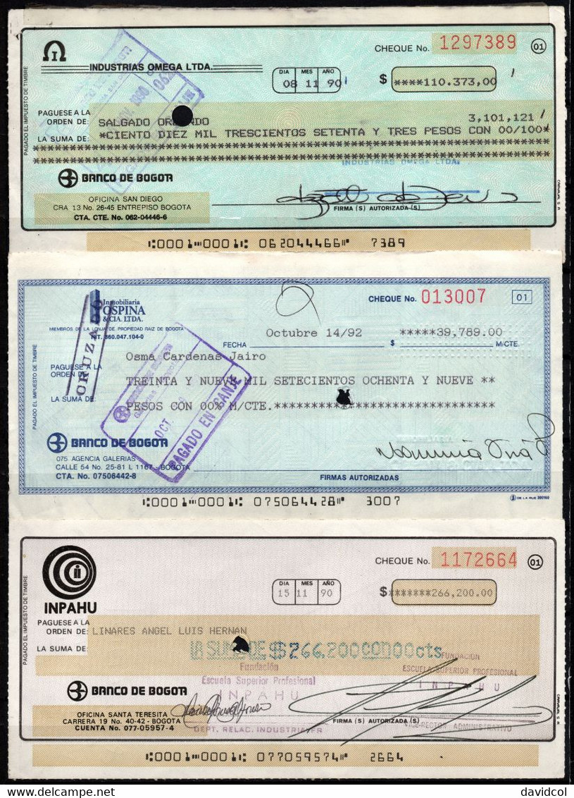 CH06 - COLOMBIA - 1990'S- USED LOT X 9 CHECKS - "BOGOTA BANK TO PRIVATE COMPANIES" - SCARCES - - Chèques & Chèques De Voyage