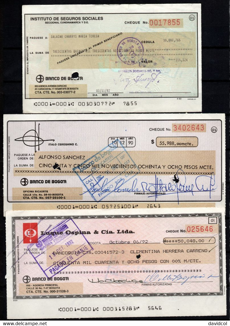 CH06 - COLOMBIA - 1990'S- USED LOT X 9 CHECKS - "BOGOTA BANK TO PRIVATE COMPANIES" - SCARCES - - Chèques & Chèques De Voyage
