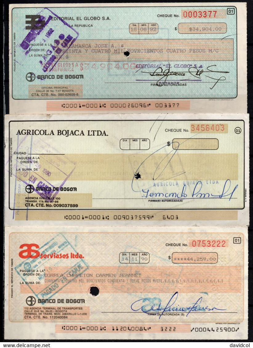 CH07 - COLOMBIA - 1990'S- USED LOT X 9 CHECKS - "BOGOTA BANK TO PRIVATE COMPANIES" - SCARCES - - Schecks  Und Reiseschecks