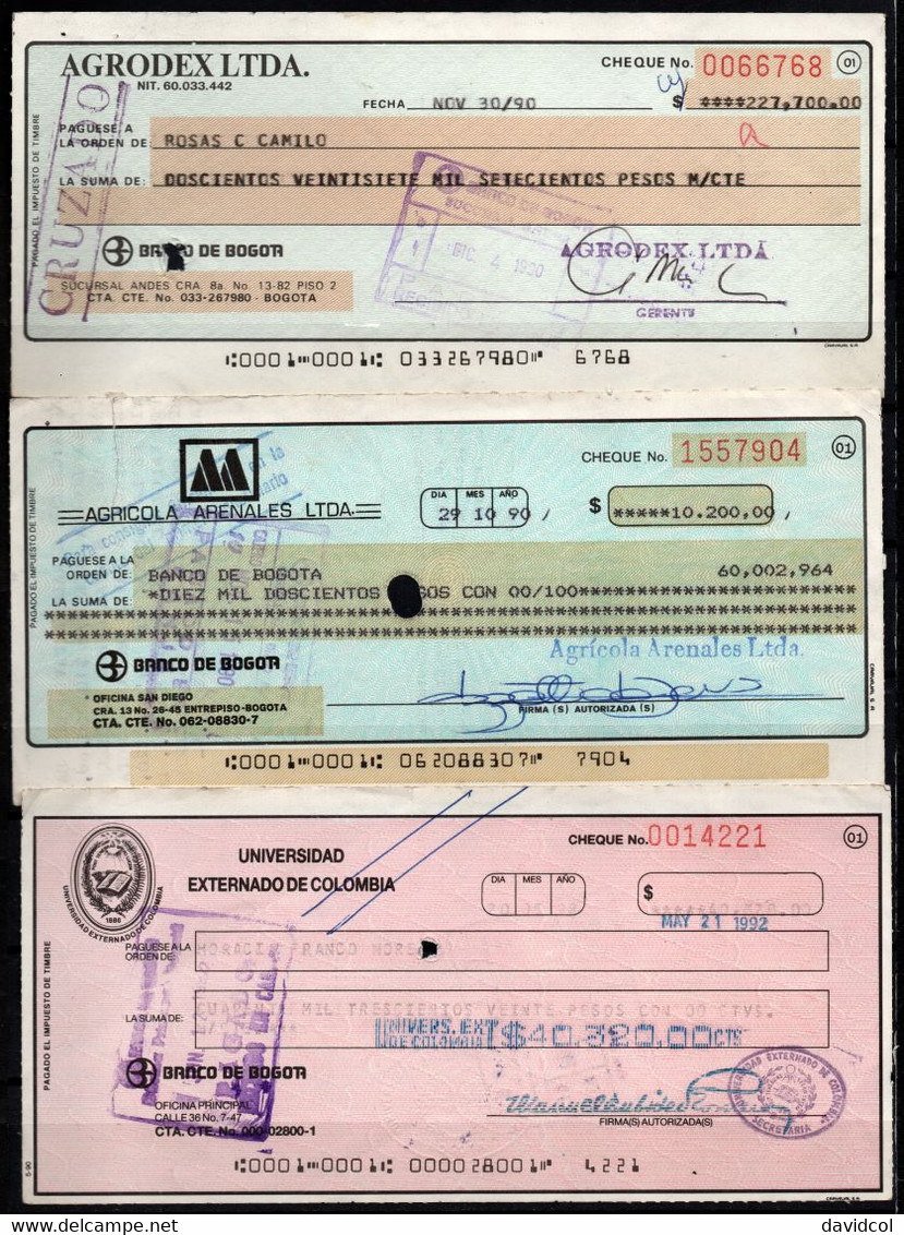 CH09 - COLOMBIA - 1990'S- USED LOT X 9 CHECKS - "BOGOTA BANK TO PRIVATE COMPANIES" - SCARCES - - Cheques En Traveller's Cheques