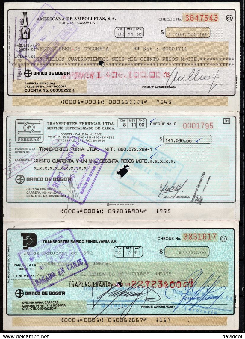 CH09 - COLOMBIA - 1990'S- USED LOT X 9 CHECKS - "BOGOTA BANK TO PRIVATE COMPANIES" - SCARCES - - Cheques En Traveller's Cheques