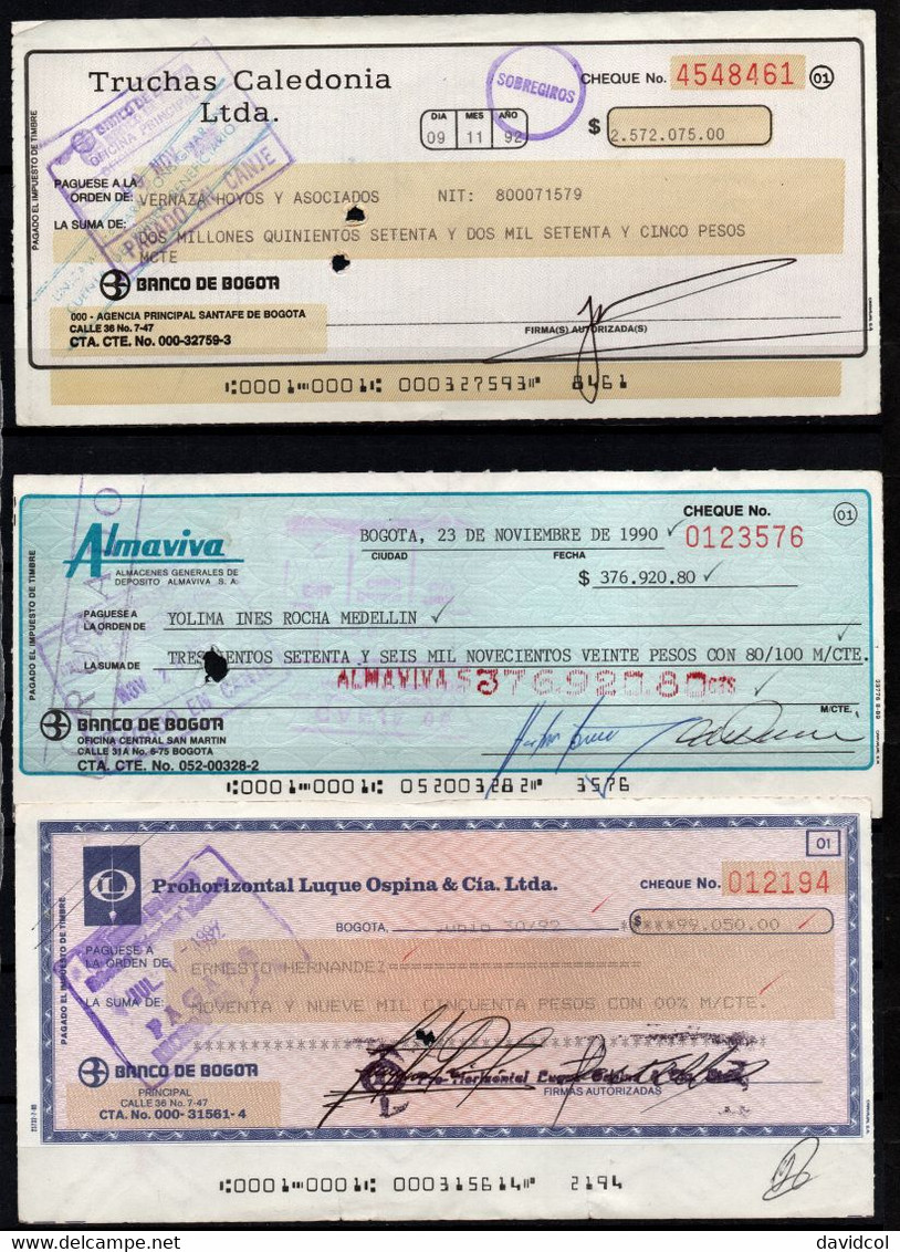 CH09 - COLOMBIA - 1990'S- USED LOT X 9 CHECKS - "BOGOTA BANK TO PRIVATE COMPANIES" - SCARCES - - Cheques En Traveller's Cheques