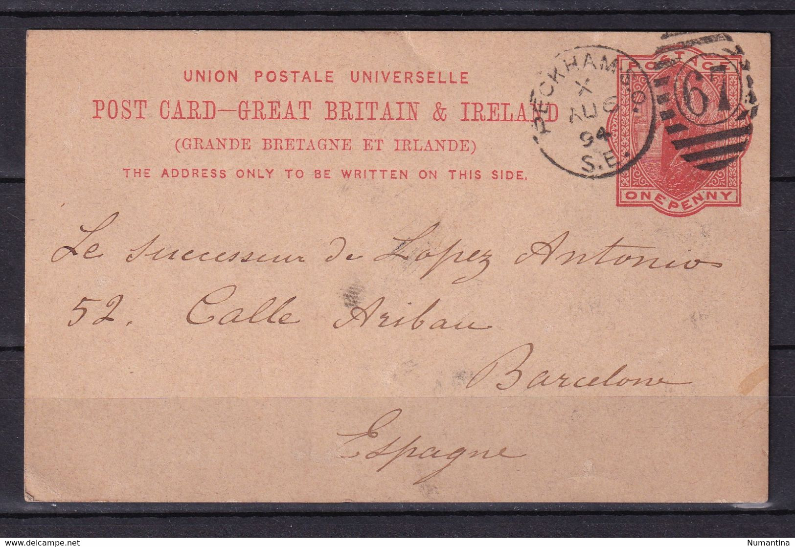 Tarjeta Postal - 1894 - Irlanda - Peckham  To Barcelona - Postal Stationery