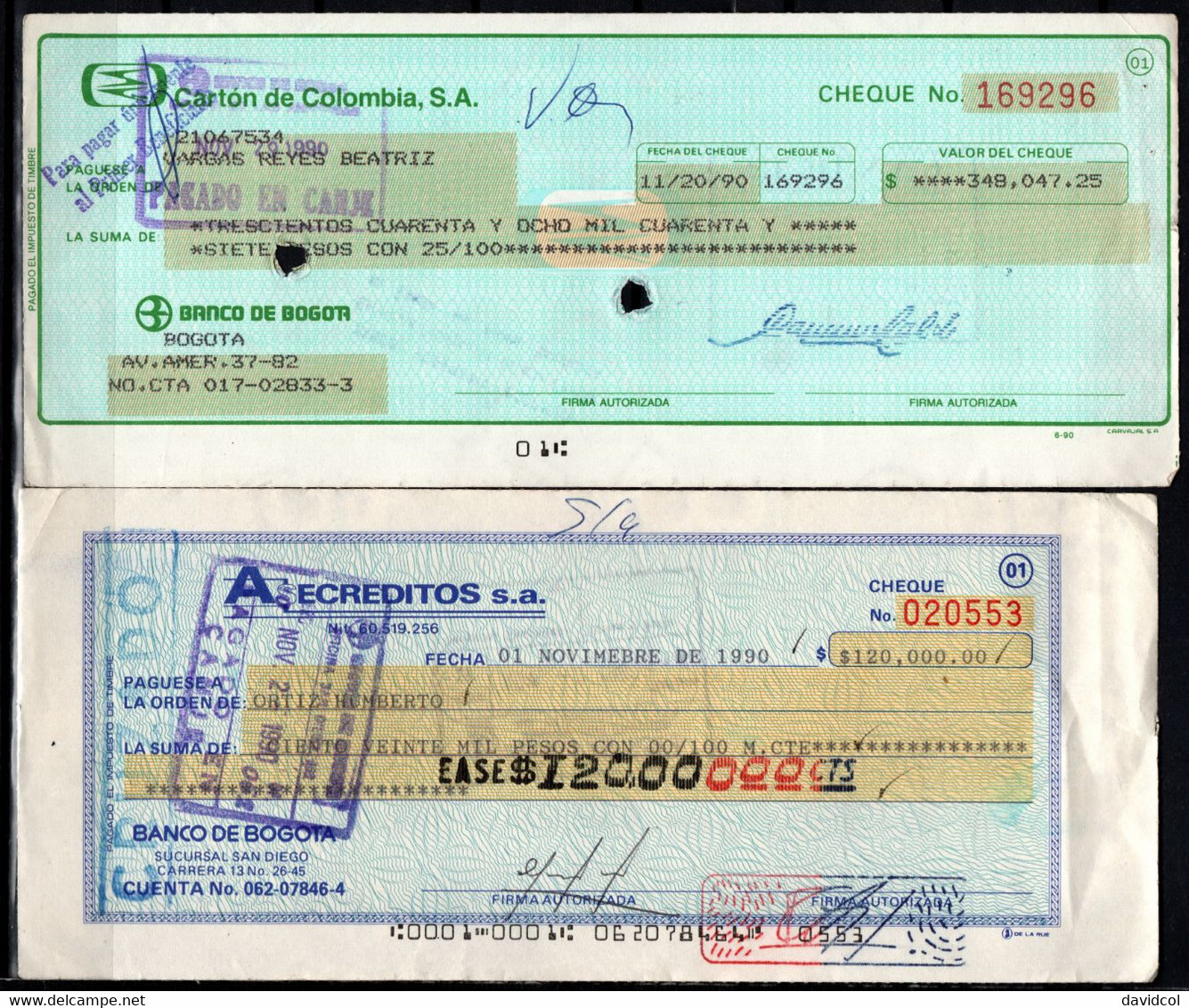 CH10 - COLOMBIA - 1990'S- USED LOT X 7 CHECKS - "BOGOTA BANK TO PRIVATE COMPANIES" - SCARCES - - Cheques En Traveller's Cheques