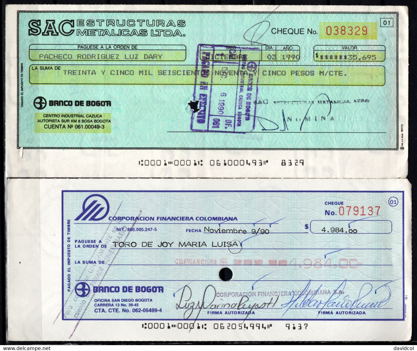 CH10 - COLOMBIA - 1990'S- USED LOT X 7 CHECKS - "BOGOTA BANK TO PRIVATE COMPANIES" - SCARCES - - Cheques En Traveller's Cheques