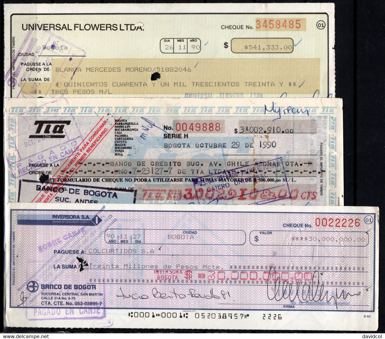 CH10 - COLOMBIA - 1990'S- USED LOT X 7 CHECKS - "BOGOTA BANK TO PRIVATE COMPANIES" - SCARCES - - Cheques En Traveller's Cheques