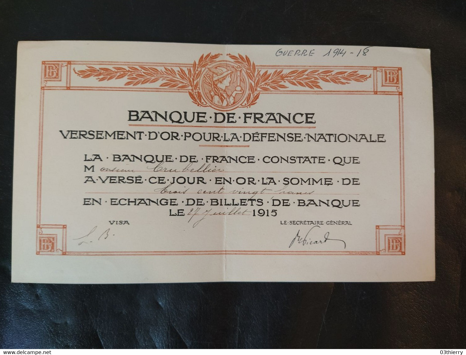 BON VERSEMENT OR DEFENSE NATIONALE A LA BANQUE DE France 1915 - Non Classés