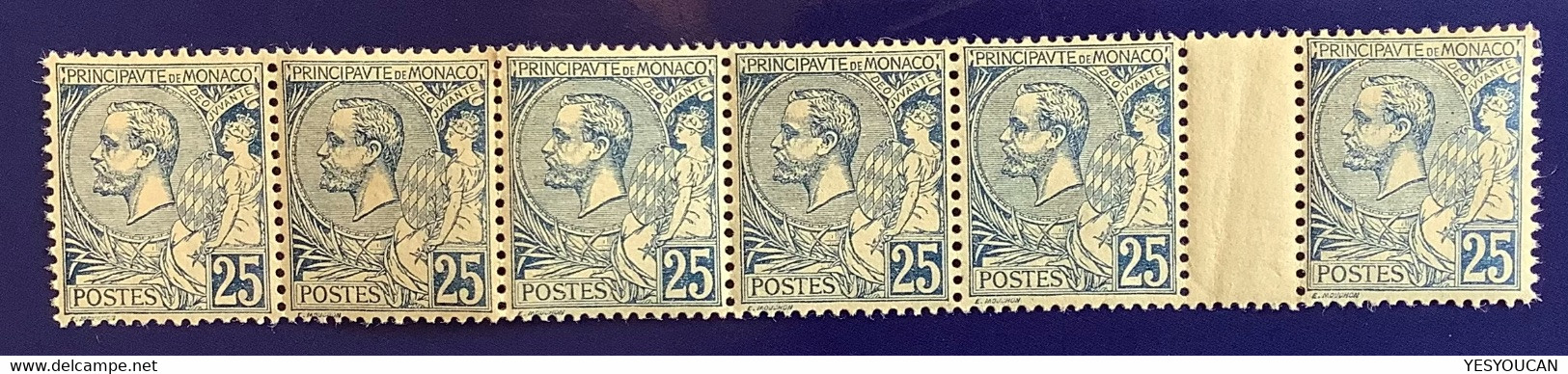 1901 Yv.25 ** MNH: Albert 1er 25c Bleu Neuf Sans Charniére Gomme D‘ Origine, Rare Bande Interpanneau (Monaco Millésime - Neufs