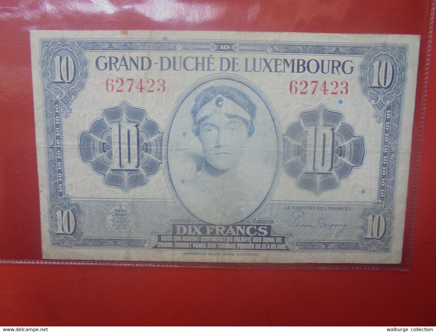 LUXEMBOURG 10 Francs 1944 VARIETE BLEU TRES CLAIR (Sans Lettres) Circuler (L.4) - Luxembourg