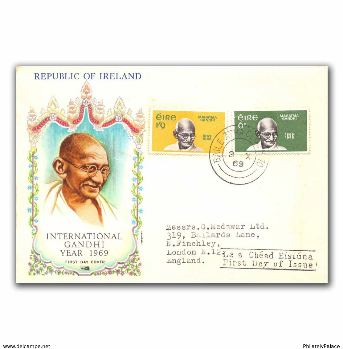 Ireland 1969 Mahatma Gandhi Ireland First Day Commercial FDC Used Cover (**) - Covers & Documents