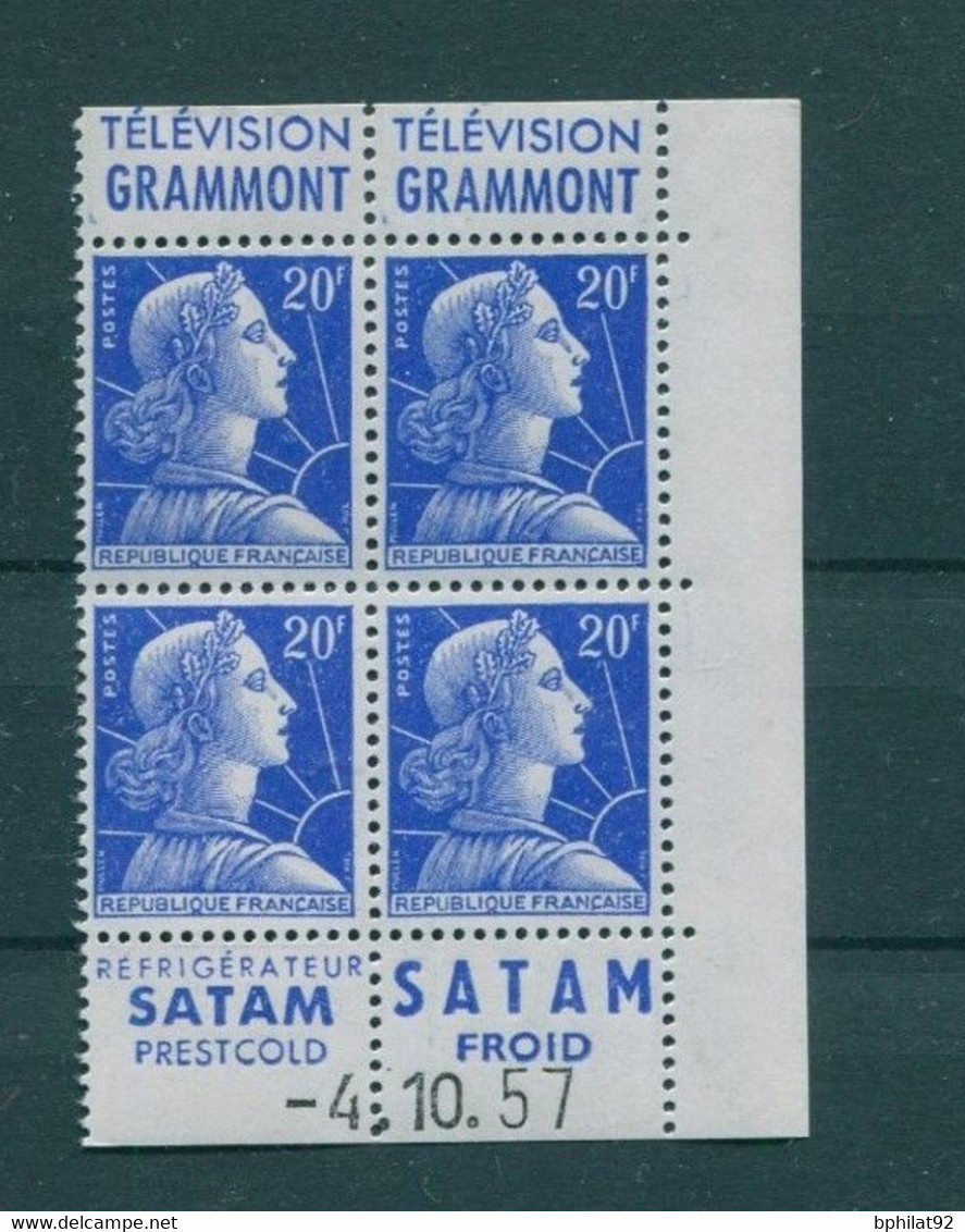 !!! 20 F MARIANNE DE MULLER BLOC DE 4 AVEC PUBS GRAMMONT - SATAM ET COIN DATE NEUF ** - 1950-1959