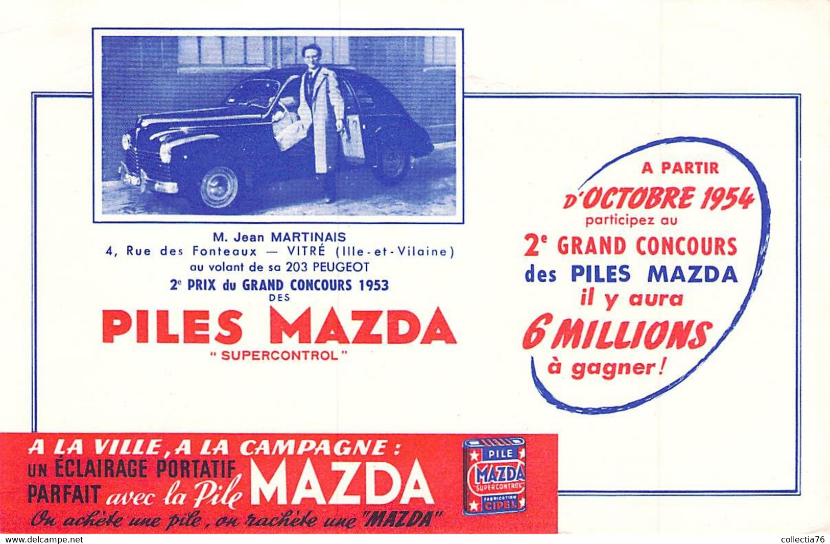VIEUX PAPIERS BUVARD PILES MAZDA MARTINAIS 203 PEUGEOT 1953  21 X 13 CM - Elektriciteit En Gas