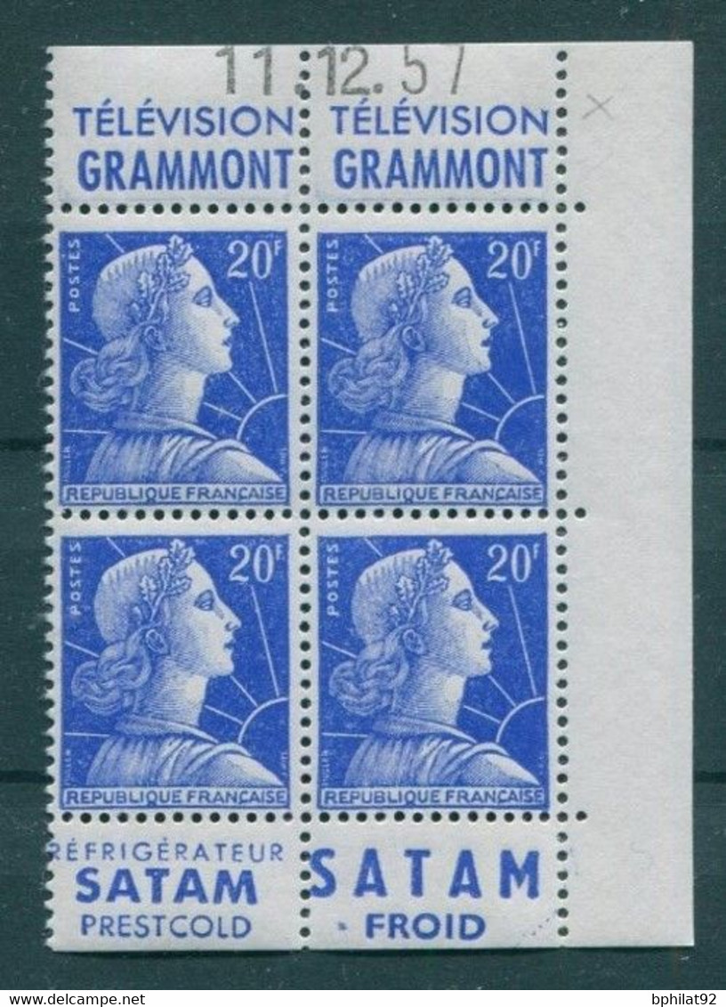 !!! 20 F MARIANNE DE MULLER BLOC DE 4 AVEC PUBS GRAMMONT - SATAM ET COIN DATE NEUF ** - 1950-1959