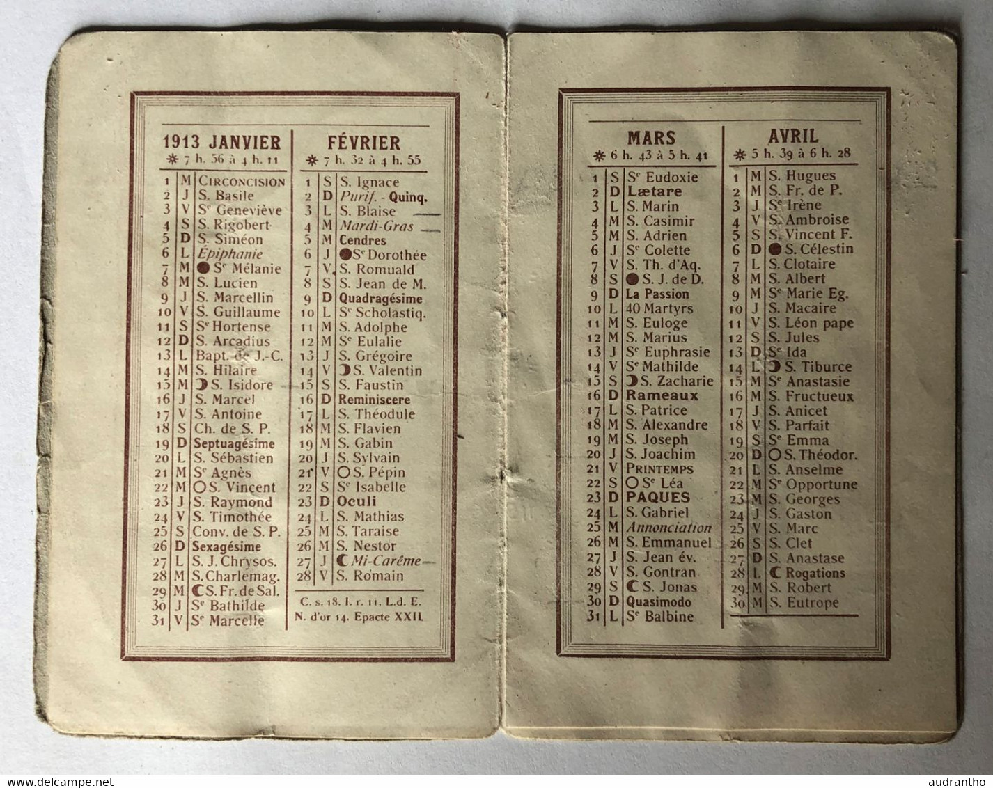 Calendrier 1913 Signé Adrien Etienne Drian Chocolaterie Compagnie Coloniale à Passy - Petit Format : 1901-20