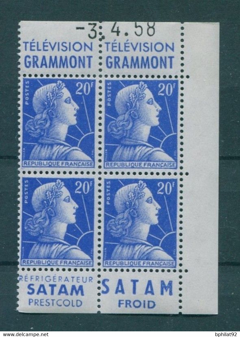 !!! 20 F MARIANNE DE MULLER BLOC DE 4 AVEC PUBS GRAMMONT - SATAM ET COIN DATE NEUF ** - 1950-1959