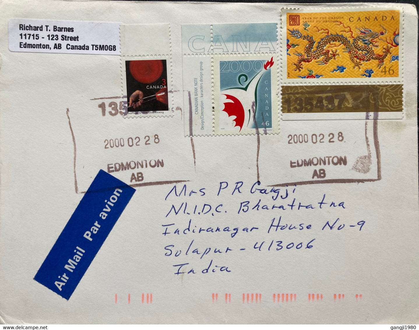 CANADA 2000, DRAGON YEAR ,MILLENNIUM,GLASS BLOWING,3 STAMPS WITH TAB !!! AIRMAIL COVER TO INDIA - Covers & Documents