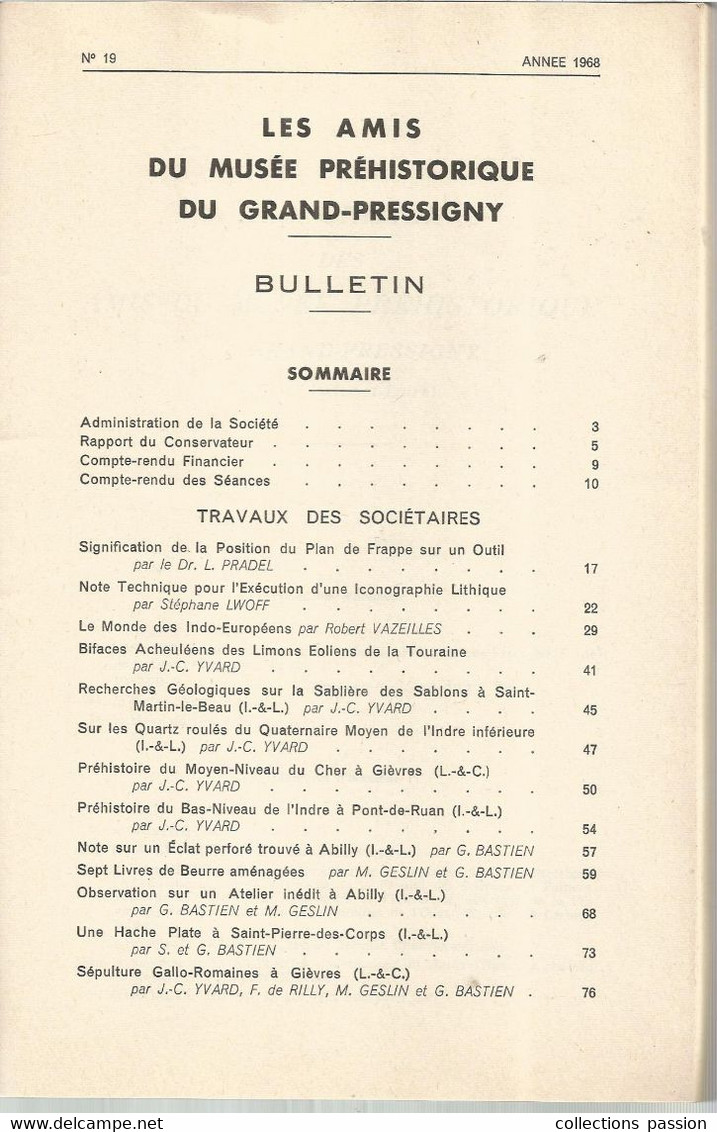 Archéologie, LES AMIS DU MUSEE PREHISTORIQUE DU GRAND-PRESSIGNY, N° 19, 1968, Frais Fr 6.15 E - Archeology