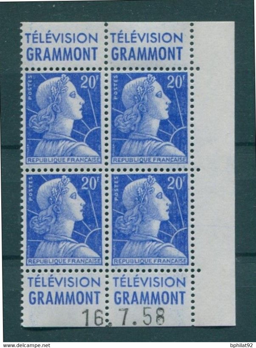 !!! 20 F MARIANNE DE MULLER BLOC DE 4 AVEC PUBS GRAMMONT  - GRAMMONT ET COIN DATE NEUF ** - 1950-1959