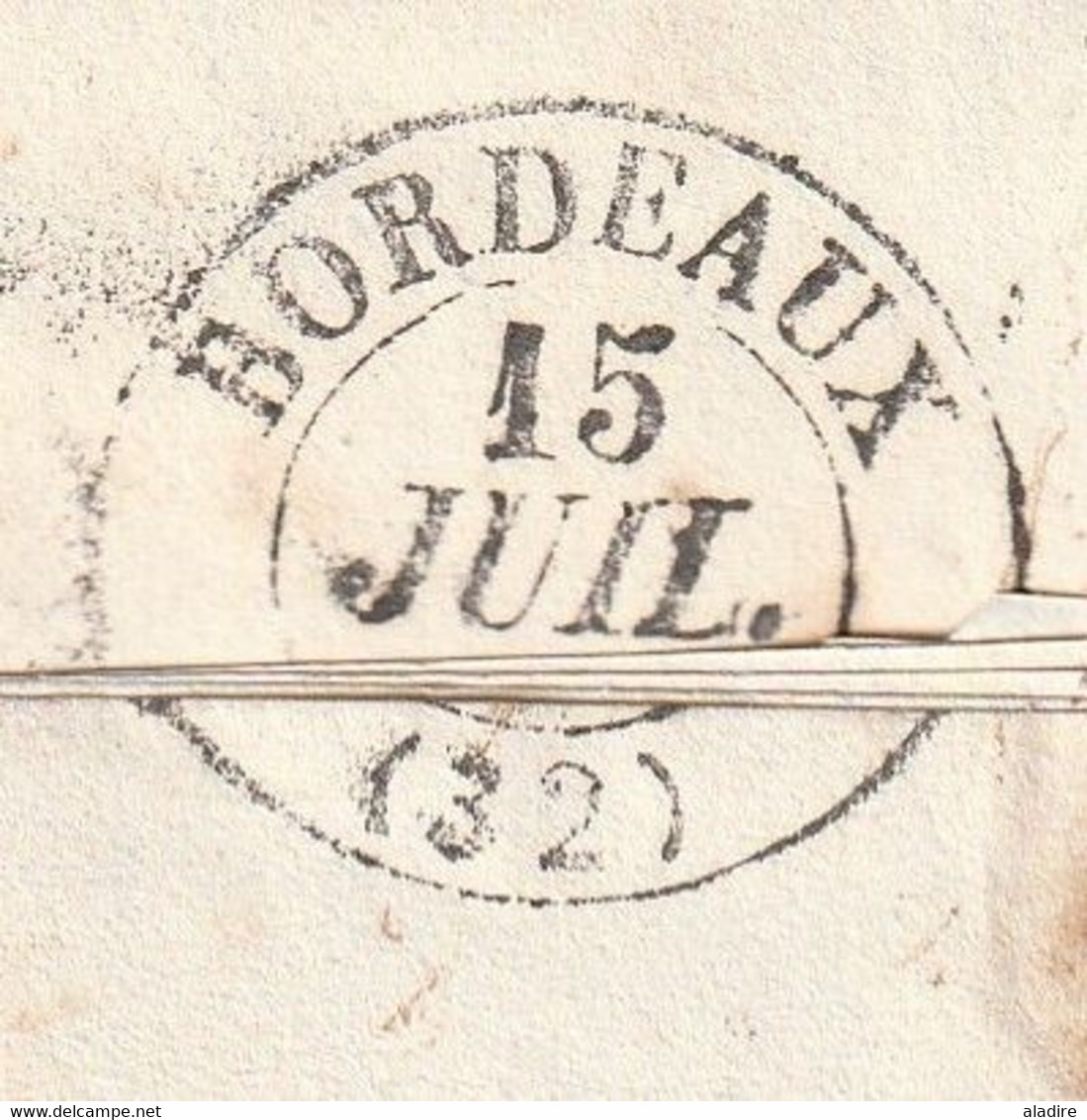 1837 - Tonneins, Lot et Garonne, cad type 12 sur LAC  vers Bordeaux - Décime rural en rouge - Boîte Rurale I - Mas
