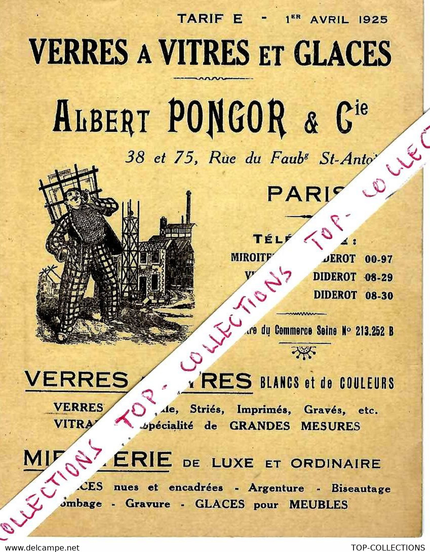 1925 PUBLICITE VERRES ET VITRES A GLACE ALBERT PONGOR PARIS  V.SCANS - Advertising