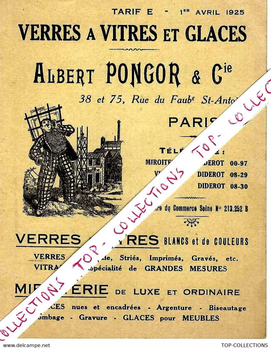 1925 PUBLICITE VERRES ET VITRES A GLACE ALBERT PONGOR PARIS  V.SCANS - Publicidad